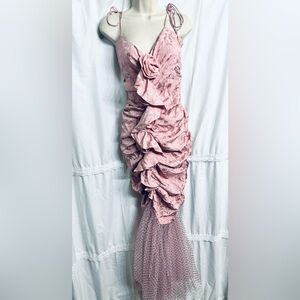 For Love & Lemons Embellished Blush Asymmetrical Tiered Chiffon Bottom Gown L